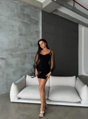 Kadın Sandy Kumaş Kolları Tül Detaylı Mini Boy Elbise - 3