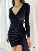 Kadın Kadife Kumaş V Yaka Belde Kuşak Detaylı Simli Mini Boy Elbise - 3
