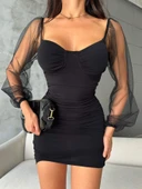 Kadın Sandy Kumaş Kolları Tül Detaylı Mini Boy Elbise - 1