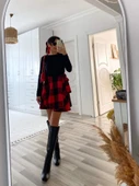 Kadın Uzun Kollu Bisiklet Yaka üst Viskon Alt Ekose Kısa Elbise - 6