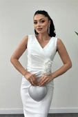 Atlas Kumaş Gül Detaylı Kalem Elbise - BEYAZ - 4