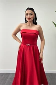 Saten Kumaş Sırt İp Detaylı Midi Elbise - KIRMIZI - 4