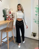 Kadın Beli Zincir Detay Ithal Krep Pantolon - 4