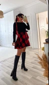 Kadın Uzun Kollu Bisiklet Yaka üst Viskon Alt Ekose Kısa Elbise - 4