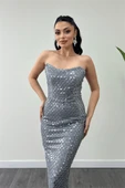 Full Boncuklu Kumaş Straplez Abiye Elbise - GRİ - 4