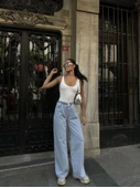 Arkadan Yırtmaçlı Jeans Kot Palazzo Pantolon - Mavi - 2