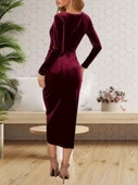 Kadın Uzun Kollu Kruvaze Yaka Belden Büzgü Detay Midi Kadife Elbise thumbnail 3