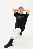 Unisex Taş Desenli Oversize T-Shirt - Siyah - 4