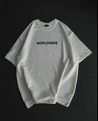Unisex Bisiklet Yaka Baskılı Oversize T-Shirt - Beyaz - 1