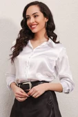 3964 Hafif Dökümlü Saten Gömlek - Beyaz - 3