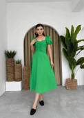 Kare Yaka Düğmeli Elbise - 6