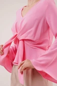 Ön Bağlamalı Volan Kol Pembe Bluz - 4