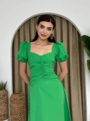 Kare Yaka Düğmeli Elbise - 3