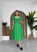 Kare Yaka Düğmeli Elbise - 4