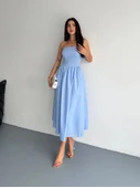 Straplez Pileli Elbise - Açık Mavi - 1
