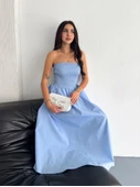 Straplez Pileli Elbise - Açık Mavi - 4