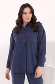 Büyük Beden Oversize Süs Cep Detaylı İndigo Gömlek Pantolon Takım - 2