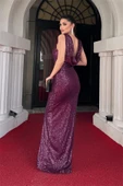 Pul Payet Sırt Degaje Yaka Abiye Elbise - MOR - 4