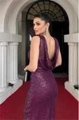 Pul Payet Sırt Degaje Yaka Abiye Elbise - MOR - 3