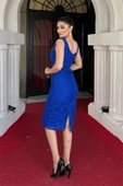 Dantel Kumaş Tül Detaylı Kalem Elbise - SAKS MAVİ - 5