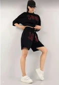 Unisex Nakış İşlemeli Şort Takım - Siyah - 3
