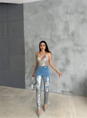 DİZ YIRTIK VARAKLI MOM KOT PANTOLON - Gümüş - 1