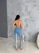 DİZ YIRTIK VARAKLI MOM KOT PANTOLON - Gümüş - 4