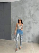 DİZ YIRTIK VARAKLI MOM KOT PANTOLON - Gümüş - 2
