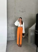 BEL LASTİK DETAYLI MODAL KUMAŞ PANTOLON - Orange - 3