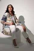 Angelino Moda Büyük Beden Batik Desen Kruvaze Yaka Gri Ceket - 5