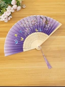 Beluga Yelpaze Bambu Vintage Mor Kelebekli Bahar Dalı Desenli Şık Püsküllü Japon Yelpaze 0419 - 1