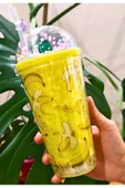450 ML Çift Katman Suluk Led Işıklı Figürlü Banana Muz Temalı Pipetli Buzlu Cam Görünümlü Suluk 2768 - 3