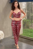 MAN4178 Kadın Kadife Balenli Destekli Dolgulu Parlak Baskılı Fermuar Detaylı Büstiyer ve Pantolon Pijama Takım (4178) - 1