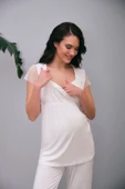 MAN5648 Kadın Viskon Hamile Lohusa Dantelli Sabahlık Önden Açılan Emzirme T-Shirt ve Pantolon Pijama 3lü Takım (5648) - 2
