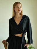 Keten Kol Detaylı Siyah Kimono Bluz - 3