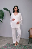 MAN5648 Kadın Viskon Hamile Lohusa Dantelli Sabahlık Önden Açılan Emzirme T-Shirt ve Pantolon Pijama 3lü Takım (5648) - 1