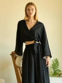 Keten Kol Detaylı Siyah Kimono Bluz - 1