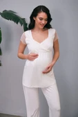 MAN5648 Kadın Viskon Hamile Lohusa Dantelli Sabahlık Önden Açılan Emzirme T-Shirt ve Pantolon Pijama 3lü Takım (5648) - 3