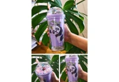450 ml Suluk Pipetli Matara Pipetli Suluk Karakter Figürlü Sevimli Panda Temalı Çift Katman Mor 2770 - 1