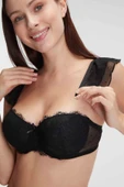 MAN4829 Kadın Balenli Destekli Dolgulu Askı Detaylı Puantiyeli Dantelli Sütyen ve Slip Takım (4829) - 4