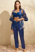 MAN5703 Kadın Tül Çiçek Baskılı Sabahlık Balensiz Desteksiz Dolgusuz Dantelli Büstiyer Sütyen ve Saten Pantolon Pijama 3lü Takım (5703) - 1