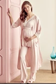 MAN9603 Kadın Viskon Hamile Lohusa Dantelli Sabahlık Önden Açılan Emzirme T-Shirt ve Pantolon Pijama 3lü Takım (9603) - 3