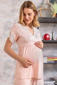 MAN9603 Kadın Viskon Hamile Lohusa Dantelli Sabahlık Önden Açılan Emzirme T-Shirt ve Pantolon Pijama 3lü Takım (9603) - 2