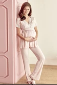MAN9603 Kadın Viskon Hamile Lohusa Dantelli Sabahlık Önden Açılan Emzirme T-Shirt ve Pantolon Pijama 3lü Takım (9603) - 4