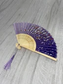 Beluga Yelpaze Bambu Vintage Mor Çiçekli Şık Püsküllü Japon Yelpaze 0341 - 1