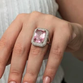 Özel Kutu ve Gümüş Bezi İle Gümüş Pembe Zirkon Taşlı Kadın Yüzük - 3