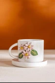 Pembe Çiçekli Amore El Yapımı Seramik Double Kahve Fincanı Mug Kupa - 2