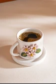 Pembe Çiçekli Amore El Yapımı Seramik Double Kahve Fincanı Mug Kupa - 4