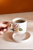 Pembe Çiçekli Amore El Yapımı Seramik Double Kahve Fincanı Mug Kupa - 3