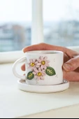 Pembe Çiçekli Amore El Yapımı Seramik Double Kahve Fincanı Mug Kupa - 1